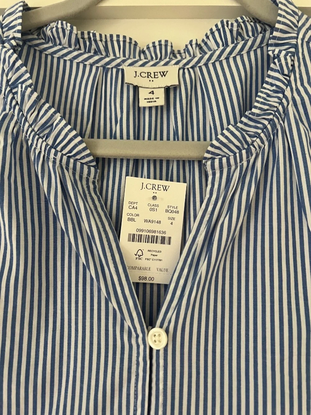 J Crew Factory Blue and White Striped Long Sleeve Dress with Ruffle Trim, NWT